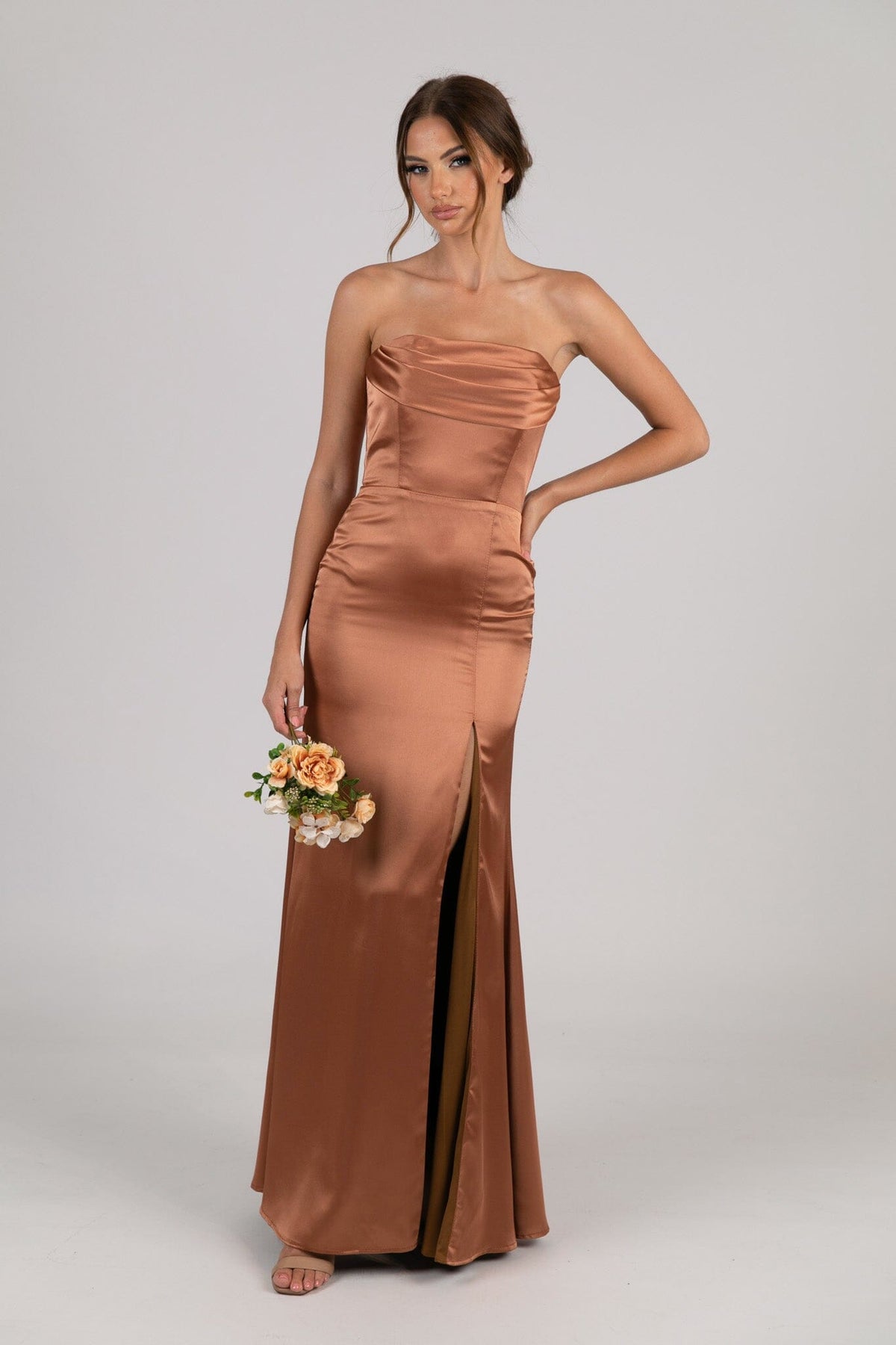 Peyton Strapless Satin Maxi Dress - Terracotta Noodz Boutique Peyton Strapless Satin Maxi Dress - Terracotta Noodz Boutique