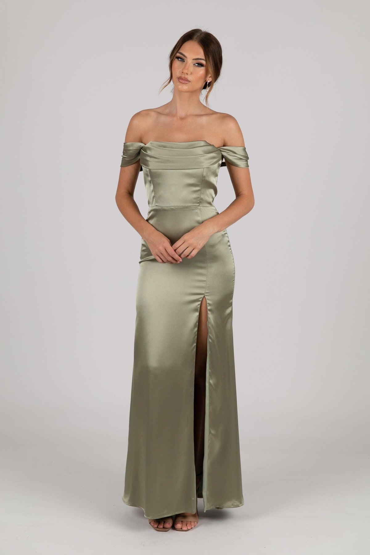 Sage Green Strapless Satin Maxi Dress with Draped Detail at Bust, Detachable Off Shoulder Sleeves and Side Slit