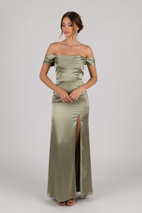 Sage Green Strapless Satin Maxi Dress with Draped Detail at Bust, Detachable Off Shoulder Sleeves and Side Slit