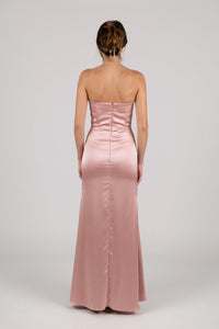 Back Image of Dusty Pink Strapless Satin Maxi Dress with Draped Bust Detail and Side Slit