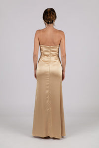Back Image of Neutral Gold Champagne Coloured Strapless Satin Maxi Dress with Draped Detail at Bust and Side Slit