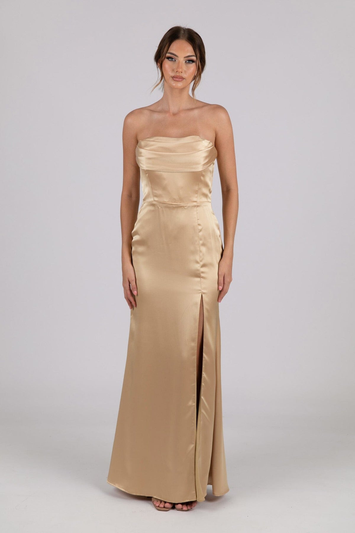 Full Frontal Image of Neutral Gold Champagne Coloured Strapless Satin Maxi Dress with Draped Detail at Bust and Side Slit
