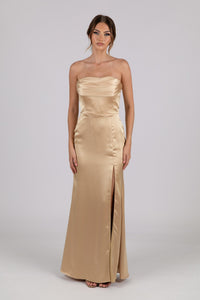 Full Frontal Image of Neutral Gold Champagne Coloured Strapless Satin Maxi Dress with Draped Detail at Bust and Side Slit