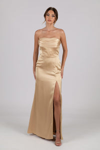 Neutral Gold Champagne Coloured Strapless Satin Maxi Dress with Draped Detail at Bust and Side Slit