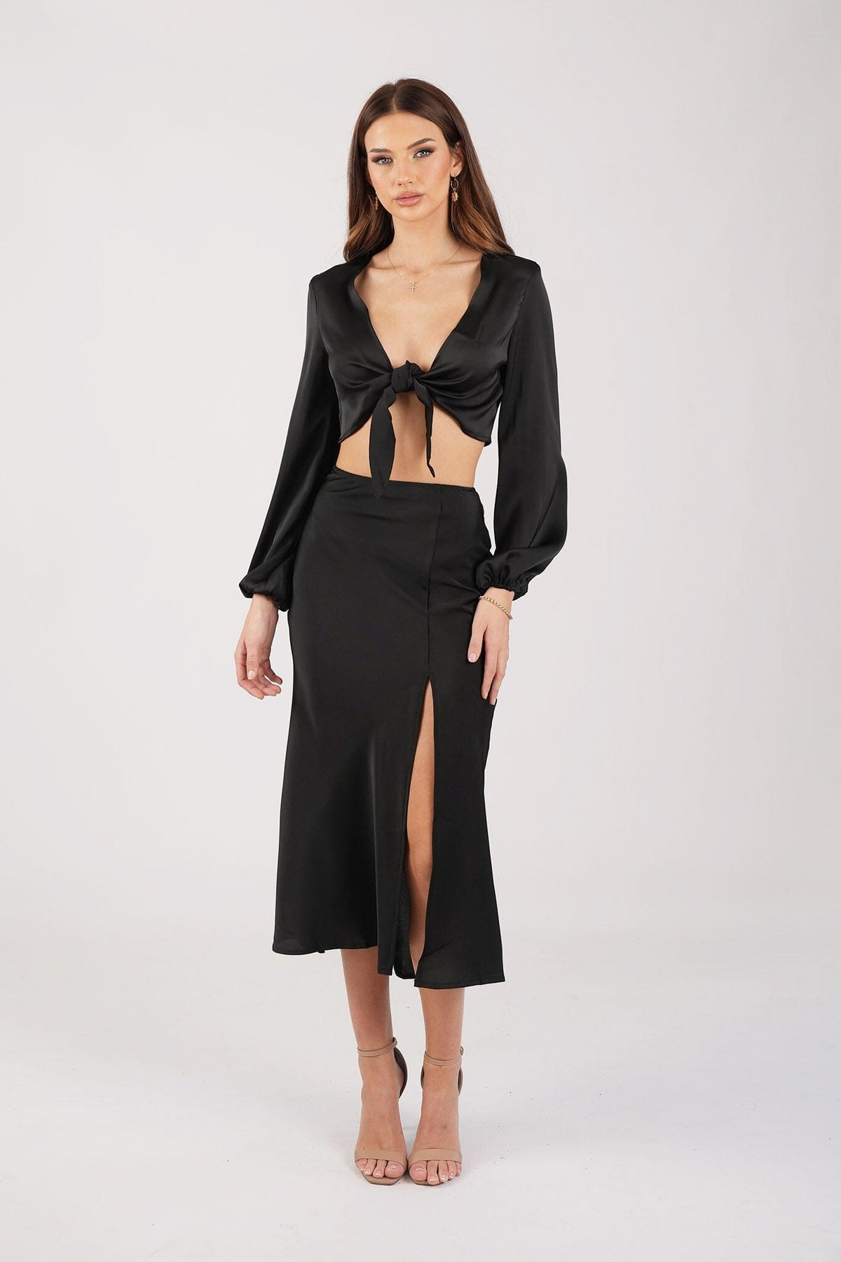 Satin Two-Piece Set including Long Sleeve V Neck Front Tie Crop Top and Midi Skirt with Split in Black