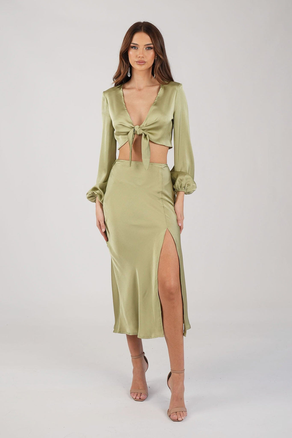 Satin Two-Piece Set including Long Sleeve V Neck Front Tie Crop Top and Midi Skirt with Split in Olive Green