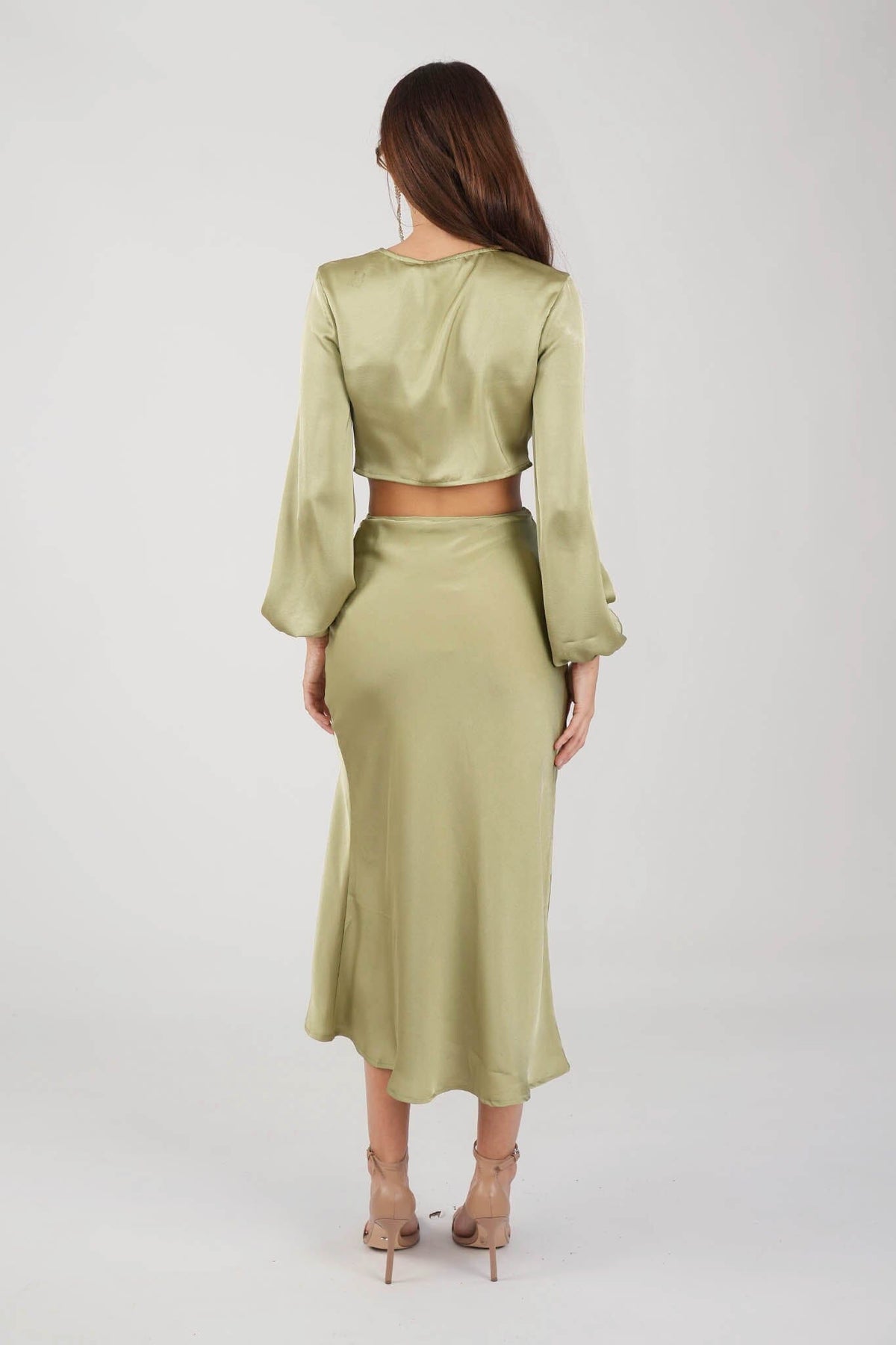 Back Image of Satin Two-Piece Set including Long Sleeve V Neck Front Tie Crop Top and Midi Skirt with Split in Olive Green