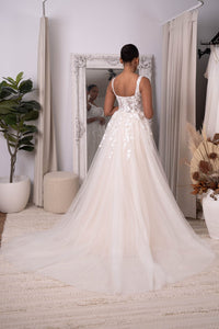 Back Image of Ivory Off-White Square Neck A-line Lace Wedding Gown with Floral Lace Motifs Embellished on Layered Tulle, Trendy Exposed Bone Bodice, Voluminous Full A-line Skirt and Flowing Sweep Train