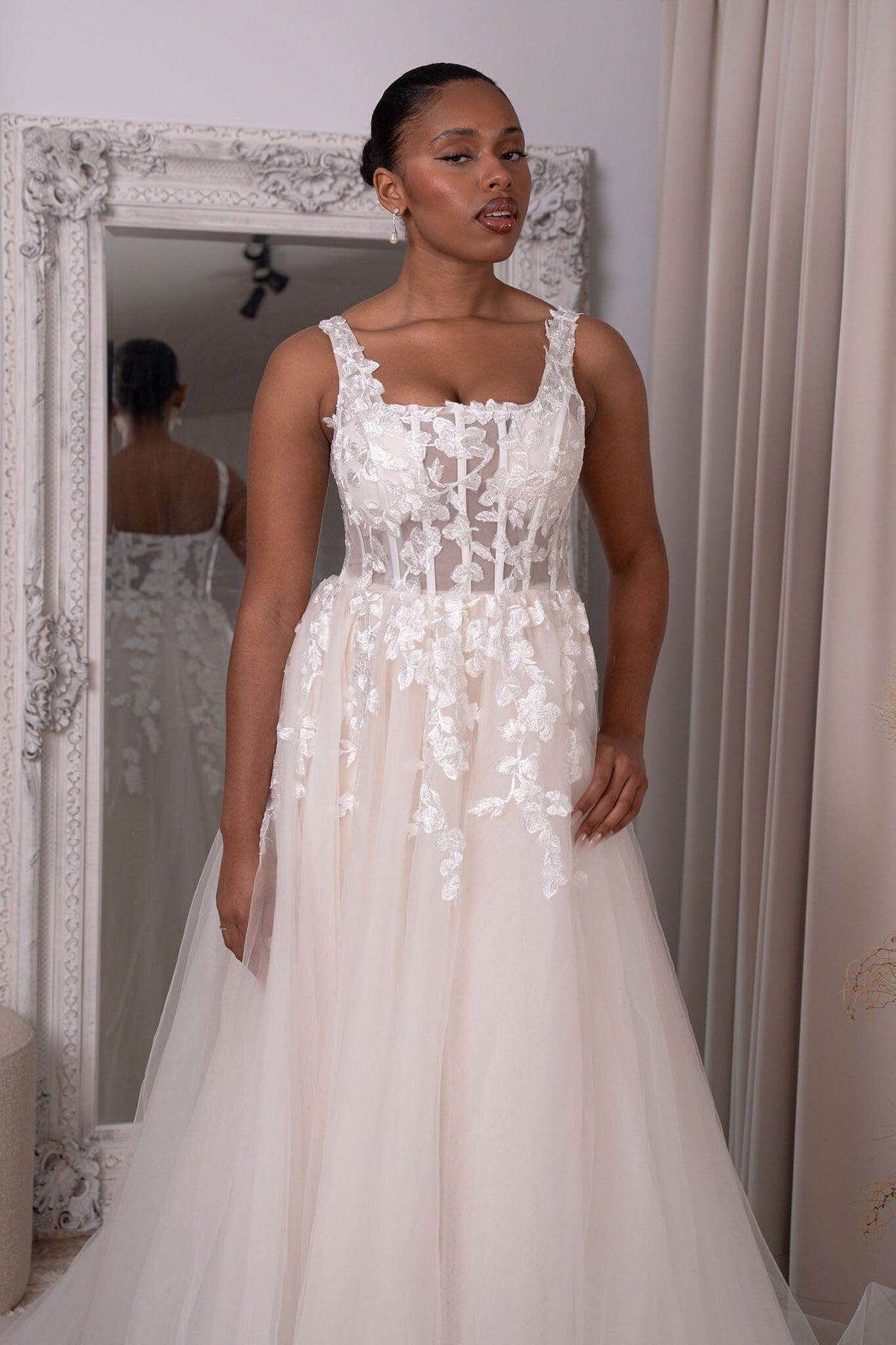 Ivory Off-White Square Neck A-line Lace Wedding Gown with Floral Lace Motifs Embellished on Layered Tulle and Trendy Exposed Bone Bodice