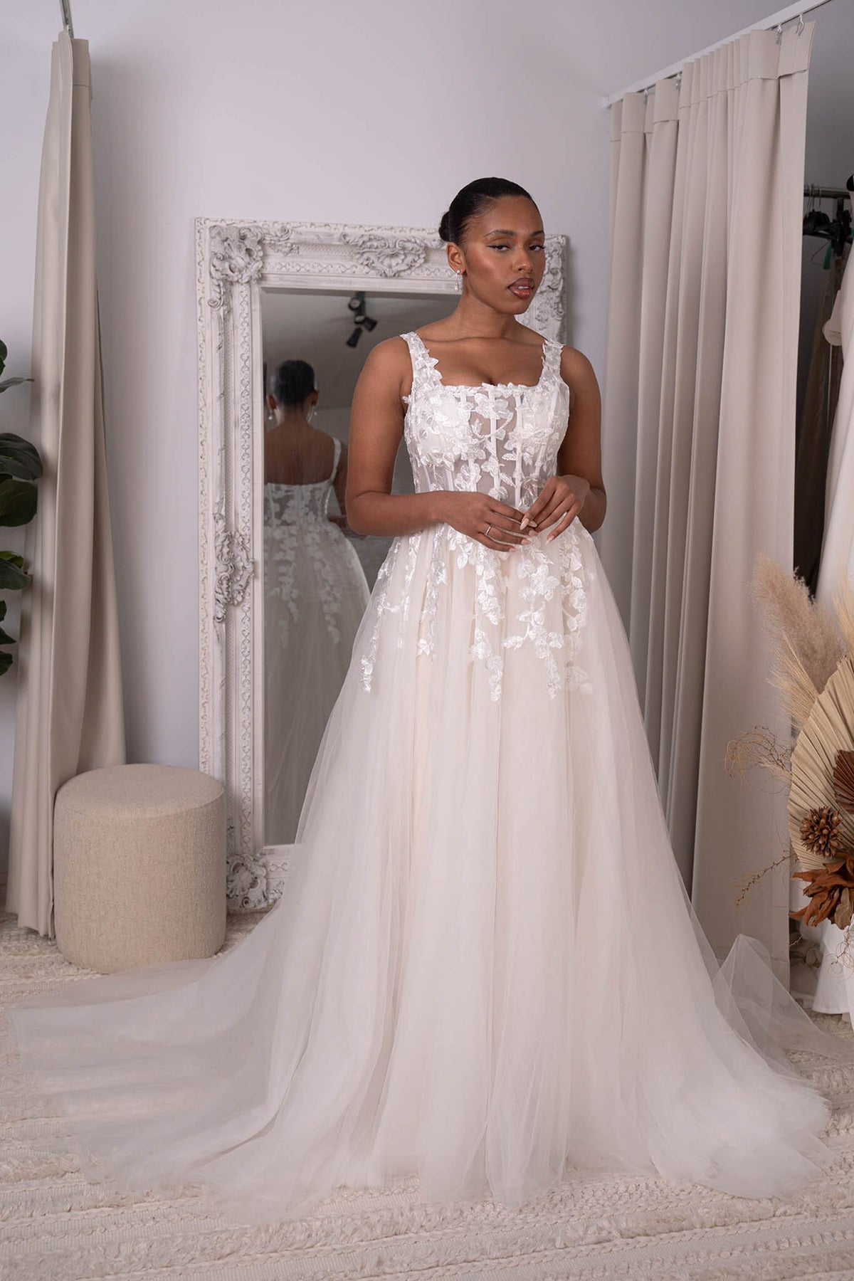 Ivory Off-White Square Neck A-line Lace Wedding Gown with Floral Lace Motifs Embellished on Layered Tulle, Trendy Exposed Bone Bodice, Voluminous Full A-line Skirt and Flowing Sweep Train