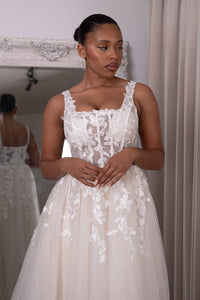 Ivory Off-White Square Neck A-line Lace Wedding Gown with Floral Lace Motifs Embellishment
