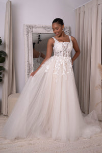Ivory Off-White Square Neck A-line Lace Wedding Gown with Floral Lace Motifs Embellished on Layered Tulle, Trendy Exposed Bone Bodice, Voluminous Full A-line Skirt and Flowing Sweep Train