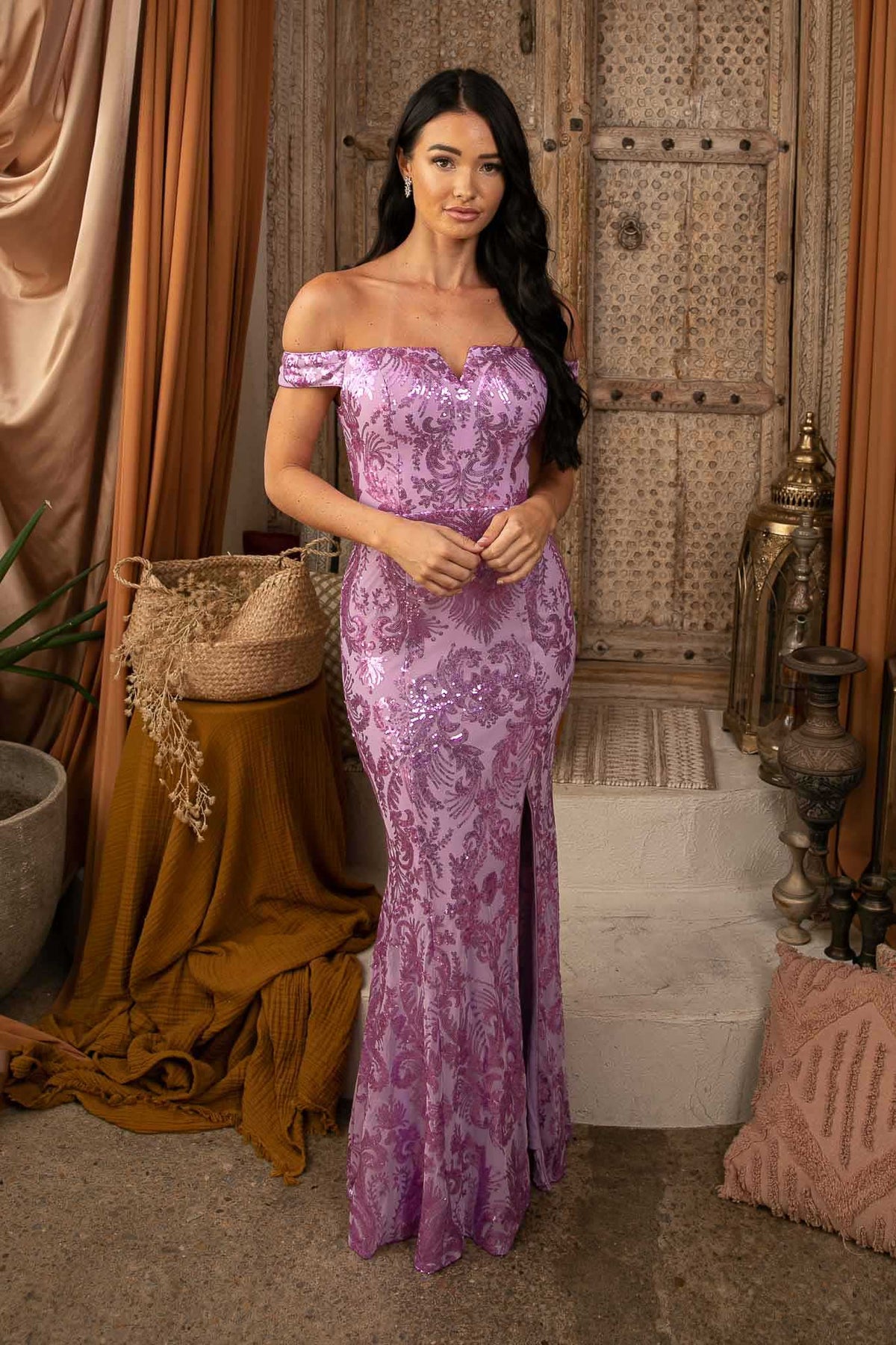 Ramona Off Shoulder Sequin Gown - Lilac