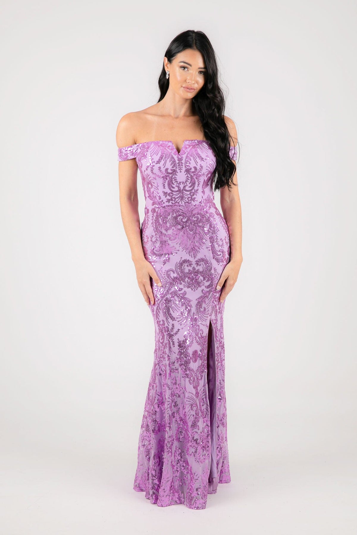 Purple Lilac Sequins Off Shoulder Full Length Maxi Dress with V Cut Out Neckline Detail and Slit on the Left Leg