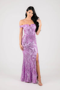 Purple Lilac Sequins Off Shoulder Full Length Maxi Dress with V Cut Out Neckline Detail and Slit on the Left Leg