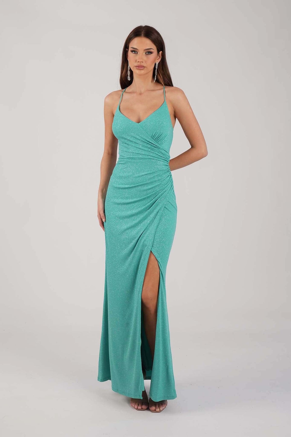 Mint Green Shimmer Evening Gown with V Neckline, Thin Straps, Gathered Detail and Side Slit