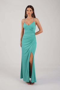 Mint Green Shimmer Evening Gown with V Neckline, Thin Straps, Gathered Detail and Side Slit