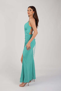 Side Image of Mint Green Shimmer Evening Gown with V Neckline, Thin Straps, Gathered Detail and Side Slit