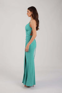 Side Image of Mint Green Shimmer Evening Gown with V Neckline, Thin Straps, Gathered Detail and Side Slit