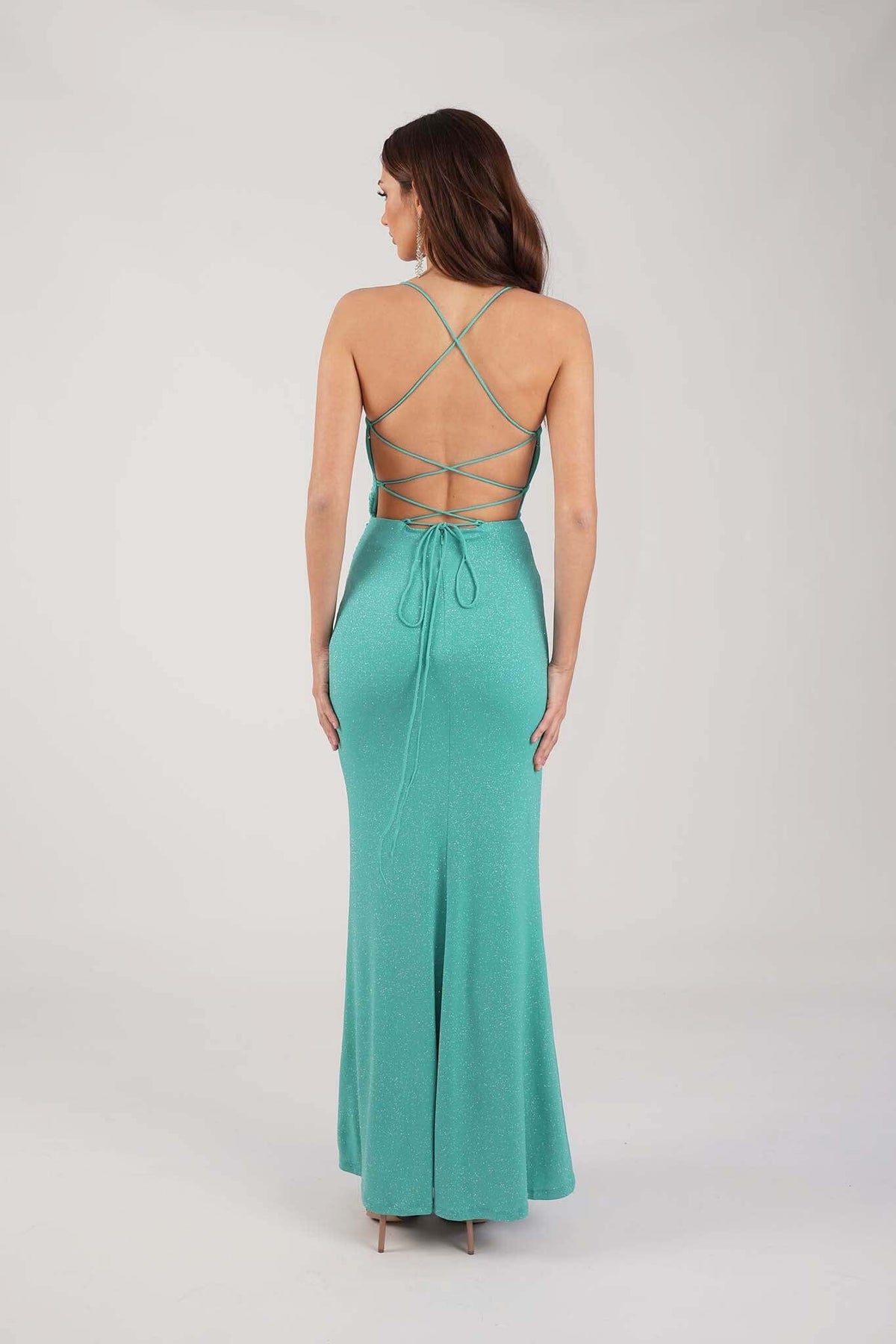 Lace Up Open Back Design of Mint Green Shimmer Evening Gown with V Neckline, Thin Straps, Gathered Detail and Side Slit