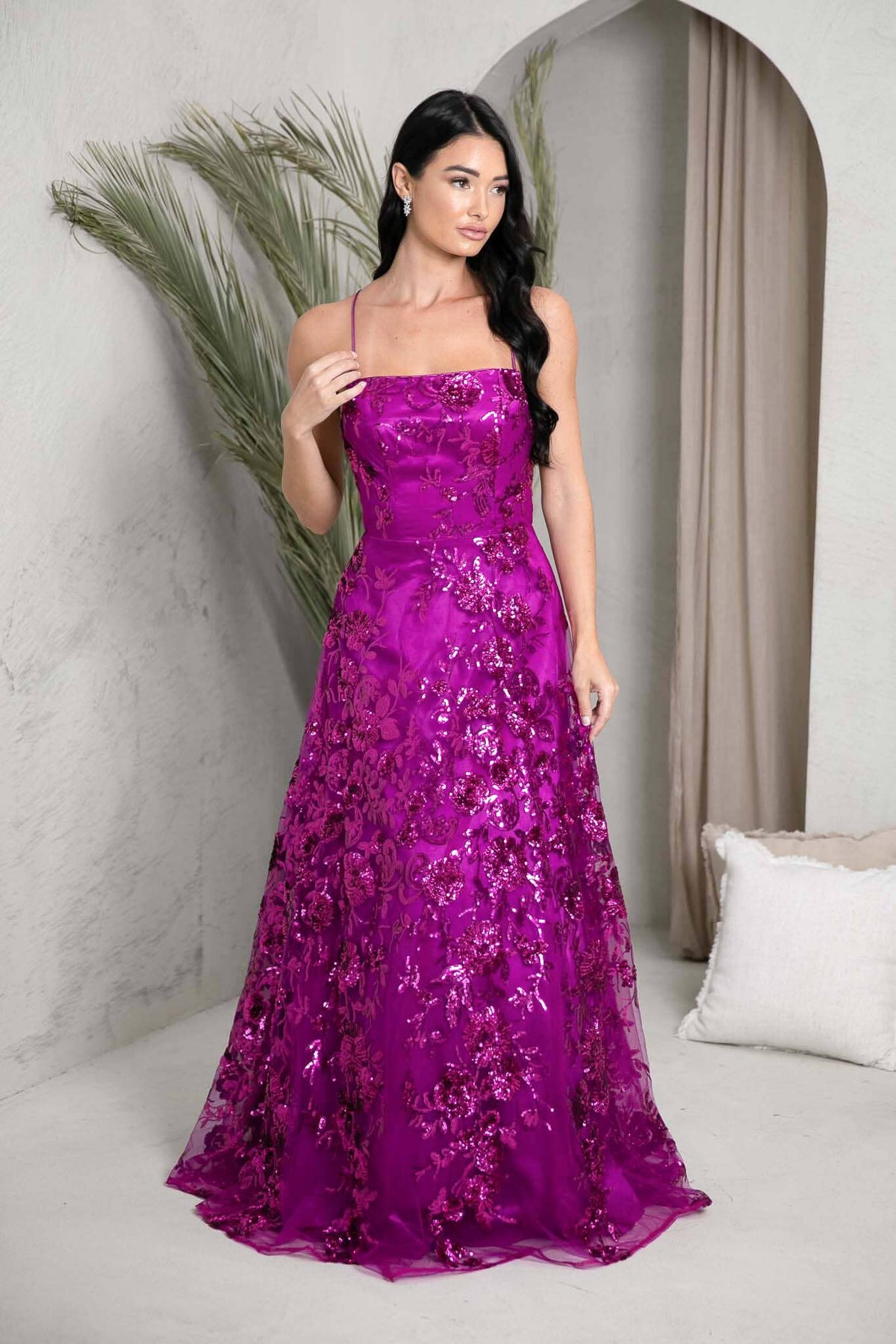 Magenta Purple Bright Pink Sequin Ball Gown with Square Neckline, Thin Lace Up Back and A-line Floor Length Skirt