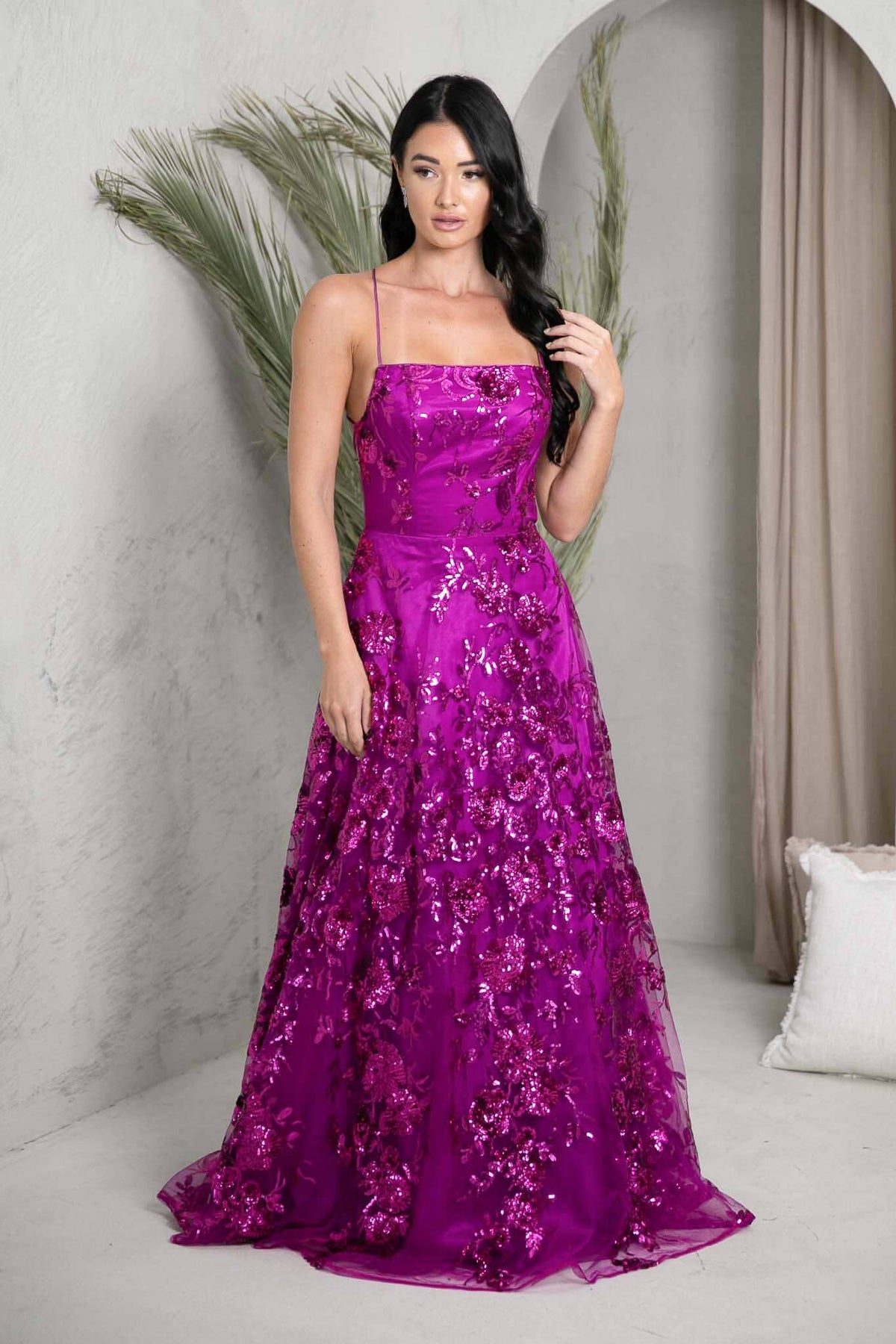 Magenta Purple Bright Pink Sequin Ball Gown with Square Neckline, Thin Lace Up Back and A-line Floor Length Skirt