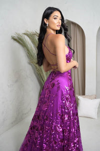 Lace Up Open Back of Magenta Purple Bright Pink Sequin Ball Gown with Square Neckline, Thin Lace Up Back and A-line Floor Length Skirt