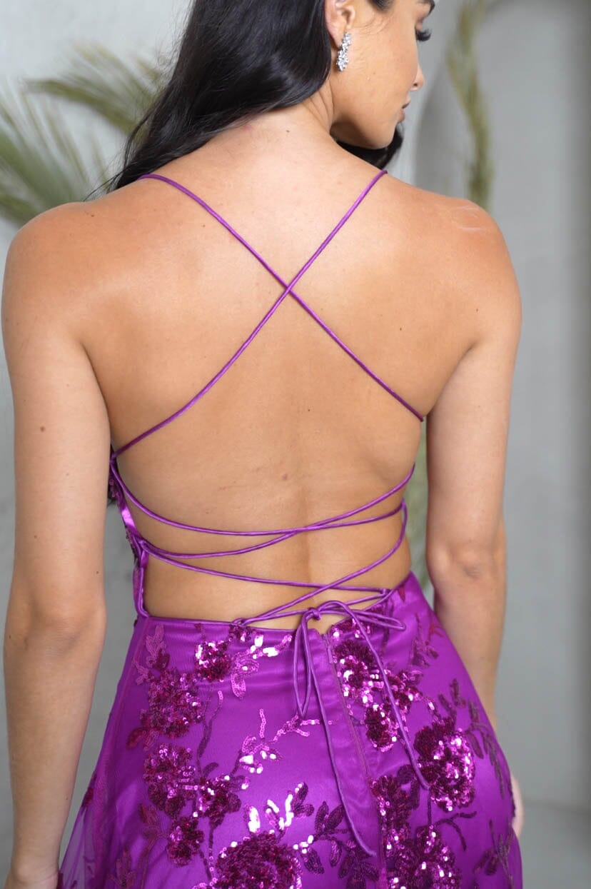 Lace Up Open Back of Magenta Purple Bright Pink Sequin Ball Gown with Square Neckline and A-line Floor Length Skirt