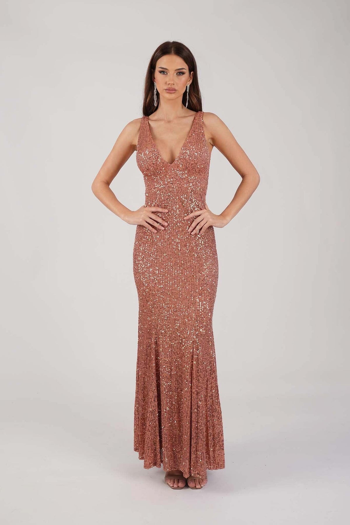 Dusty Pink Fitted Sequin Evening Gown with Deep V Neckline