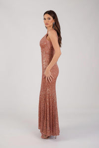 Side Image of Dusty Pink Fitted Sequin Evening Gown