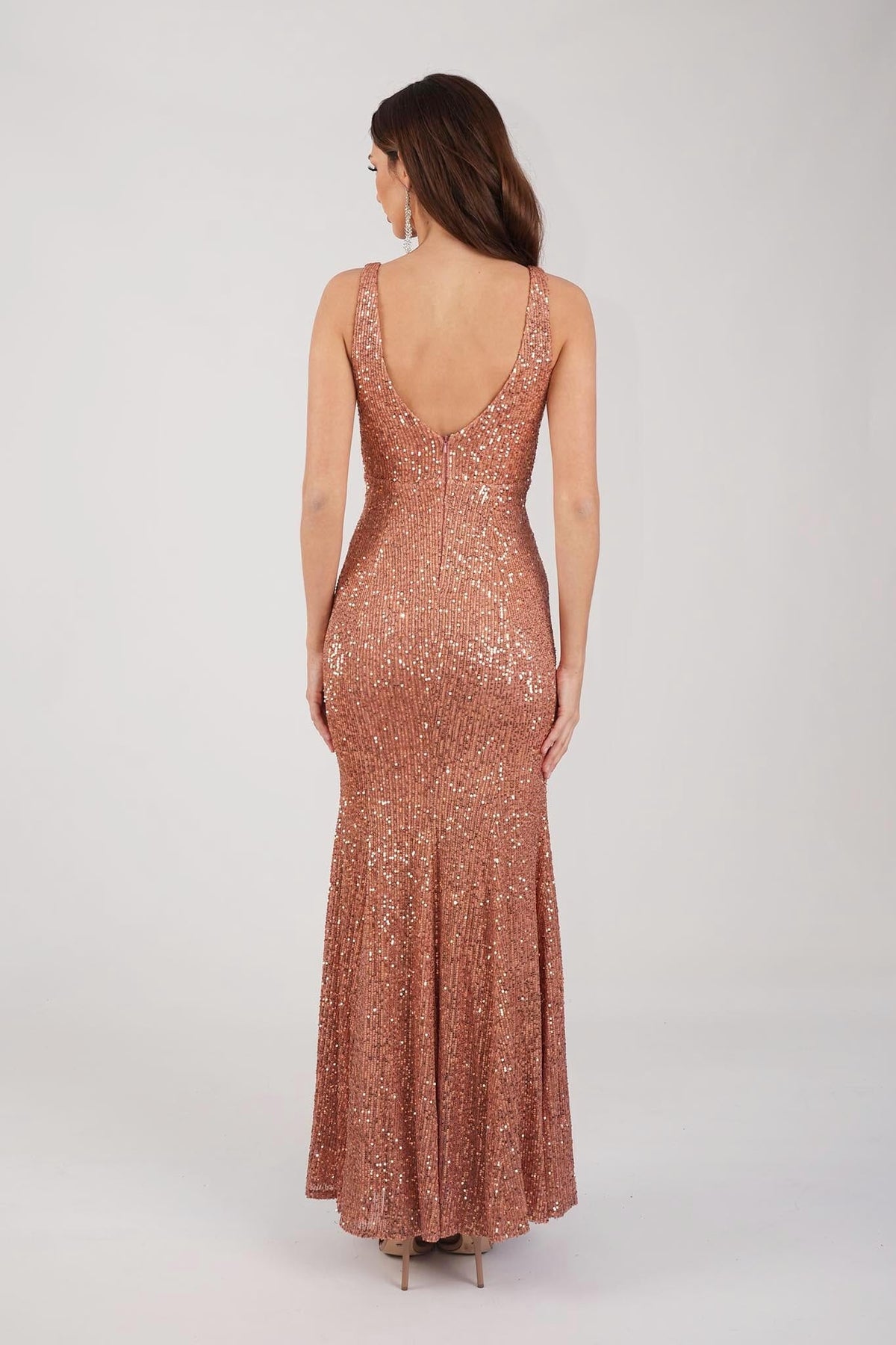 V Open Back Design of Dusty Pink Fitted Sequin Evening Gown with Deep V Neckline