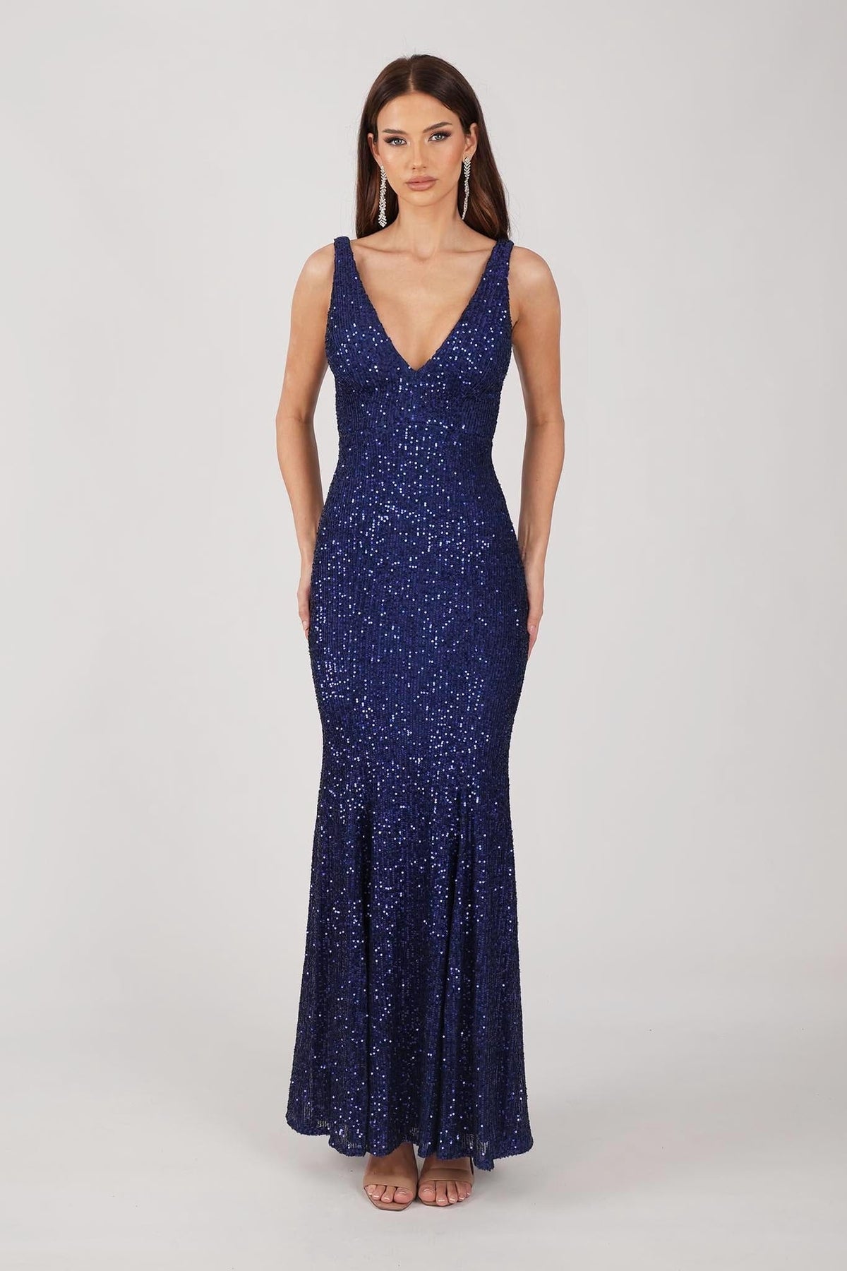 Navy Blue Fitted Sequin Evening Gown with Deep V Neckline