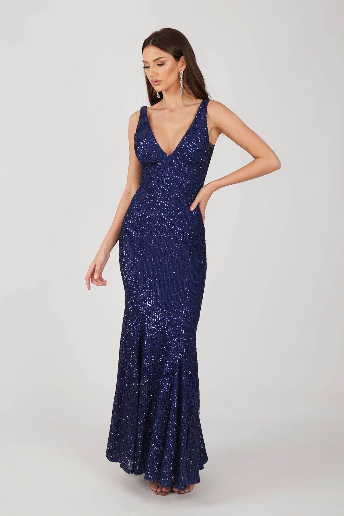 Navy Blue Fitted Sequin Evening Gown with Deep V Neckline
