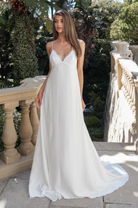 ROSITA ivory elopement wedding dress featuring a lace-trimmed V-neckline, spaghetti straps and flowing A-line silhouette