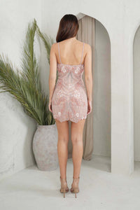 Back Image of Embellished Mini Dress with Pink Beads and Appliqués over Sheer Pink Underlay, Deep V Neckline and Thin Beaded Shoulder Straps