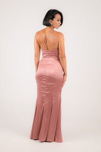 Open Back with Two Thin Straps of Dusty Pink One Shoulder Satin Maxi Dress with Ruched Waist and Leg Slit