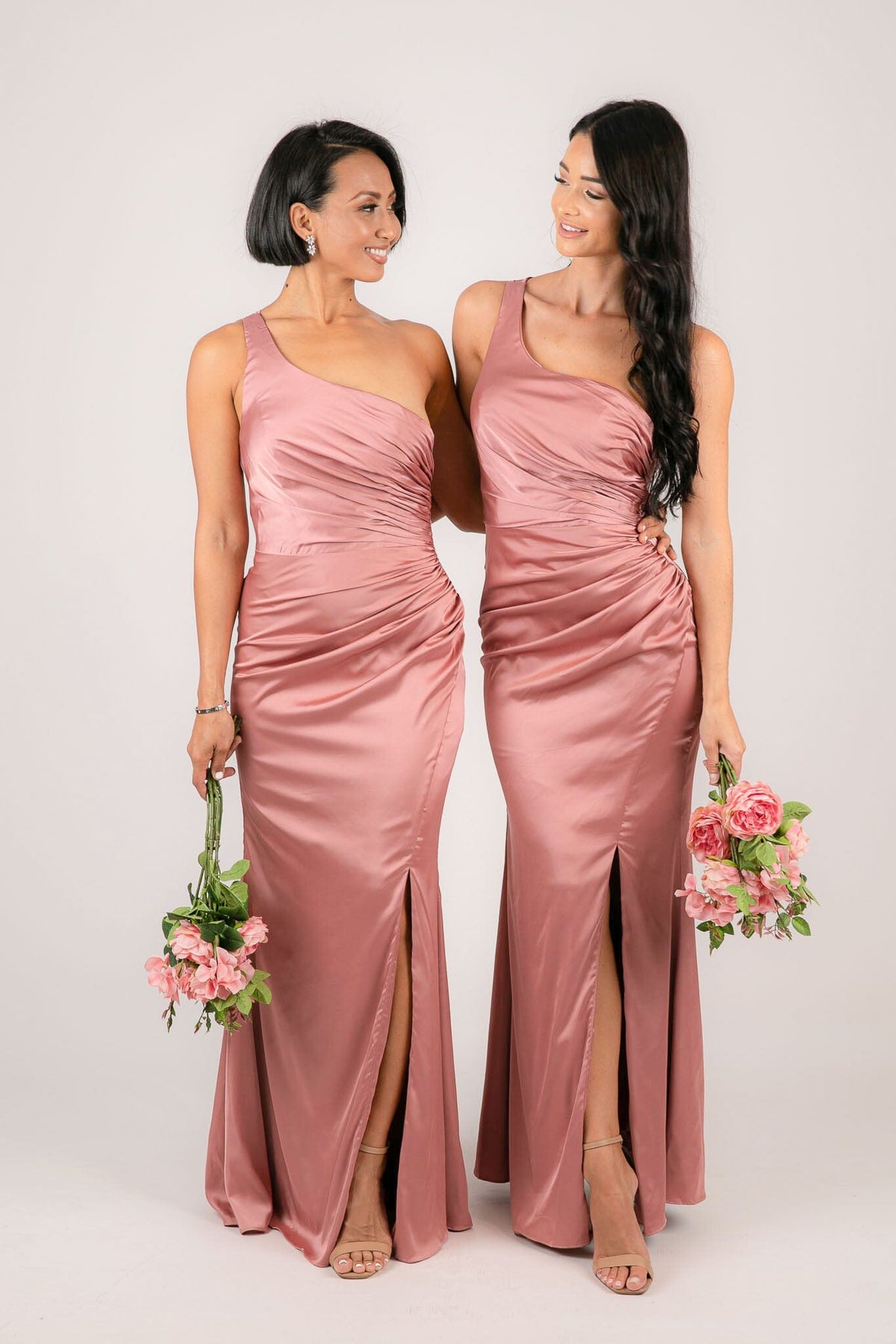 Dusty Pink One Shoulder Satin Bridesmaid Dress with Ruched Waist and Leg Slit