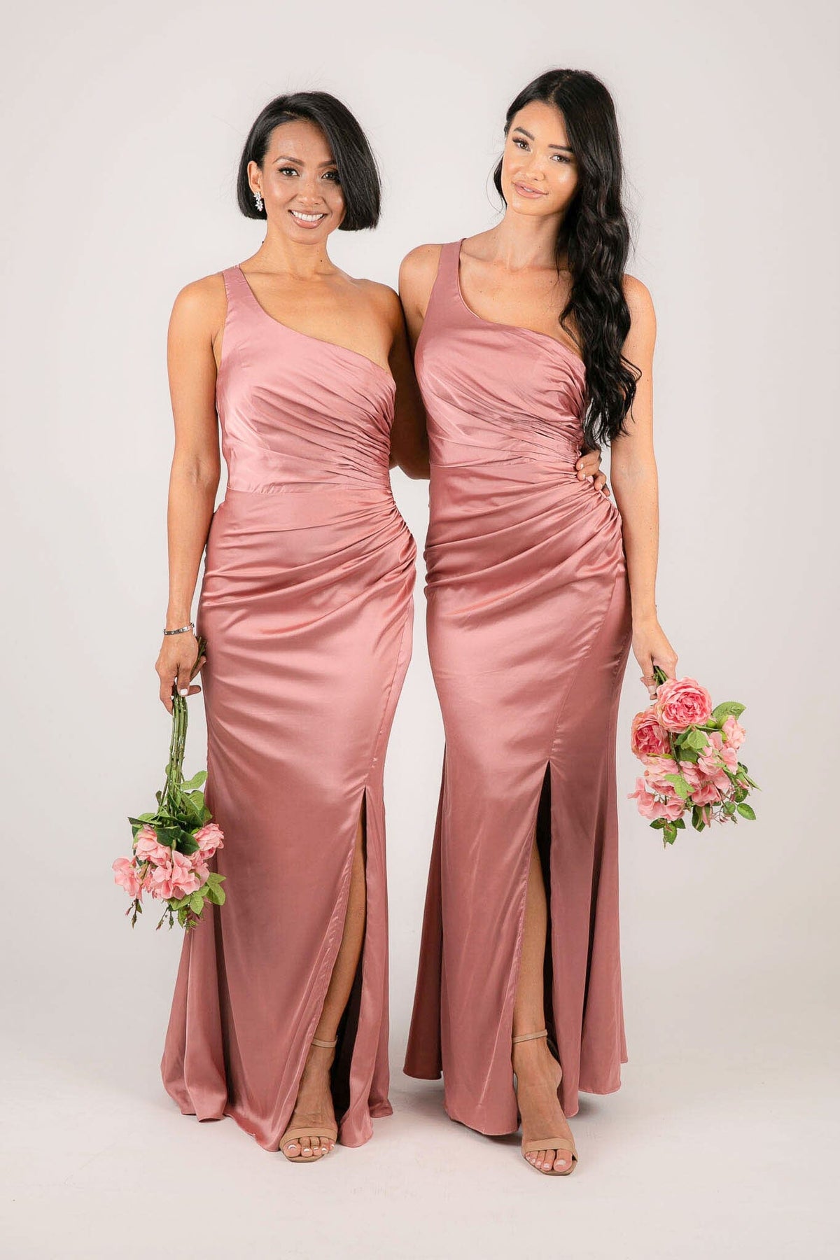 Bridesmaids wearing Dusty Pink One Shoulder Satin Maxi Dress with Ruched Waist and Leg Slit