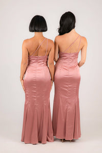Strappy Open Back Design of Dusty Pink One Shoulder Satin Bridesmaid Maxi Dress with Ruched Waist and Leg Slit
