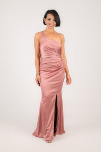 Dusty Pink One Shoulder Satin Maxi Dress with Gathered Waist Detail and Leg Slit
