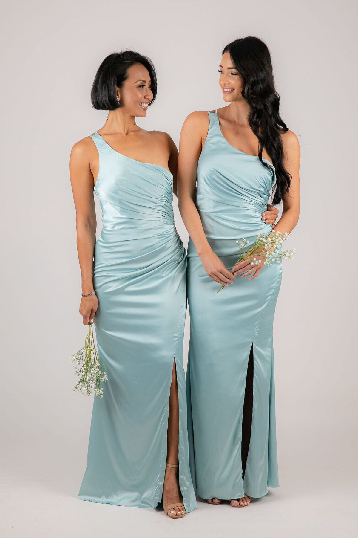 Bridesmaids wearing Light Blue One Shoulder Satin Maxi Dress with Ruched Waist and Leg Slit