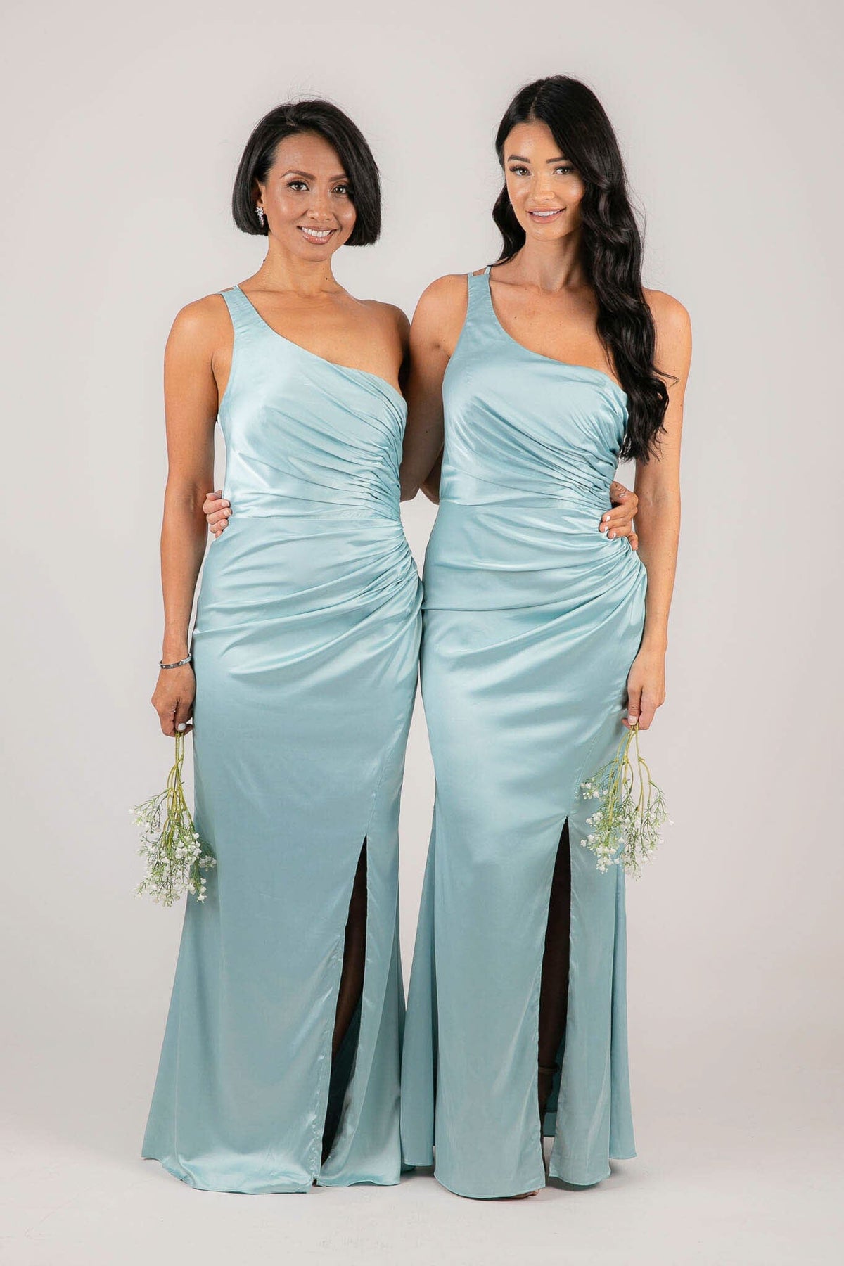 Light Blue Bridesmaids One Shoulder Satin Maxi Dress with Ruched Waist and Leg Slit