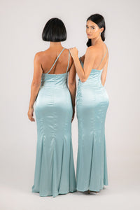 Bridesmaids wearing Light Blue One Shoulder Satin Maxi Dress with Ruched Waist, Leg Slit and Strappy Open Back