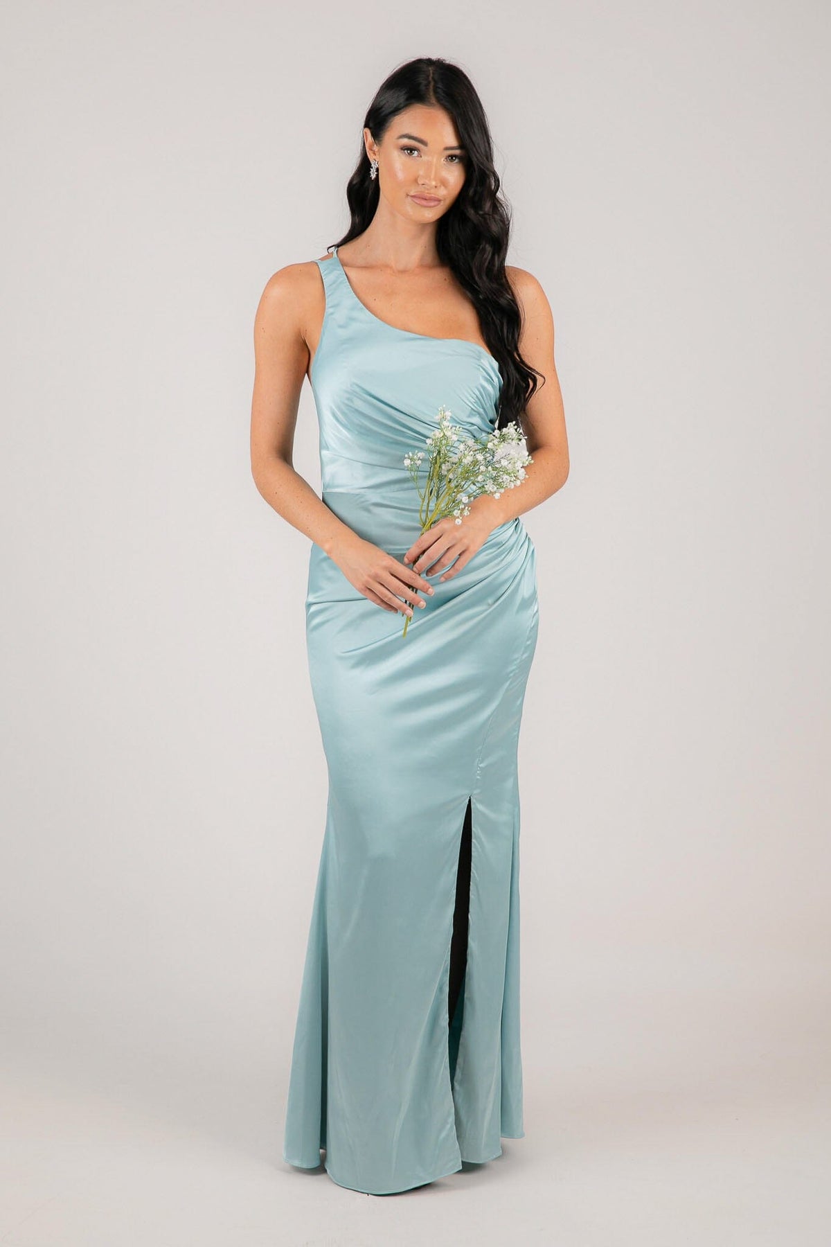 Light Blue Bridesmaid One Shoulder Satin Maxi Dress with Ruched Waist and Leg Slit