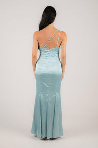 Strappy Open Back Design of Light Blue One Shoulder Satin Maxi Dress with Ruched Waist and Leg Slit