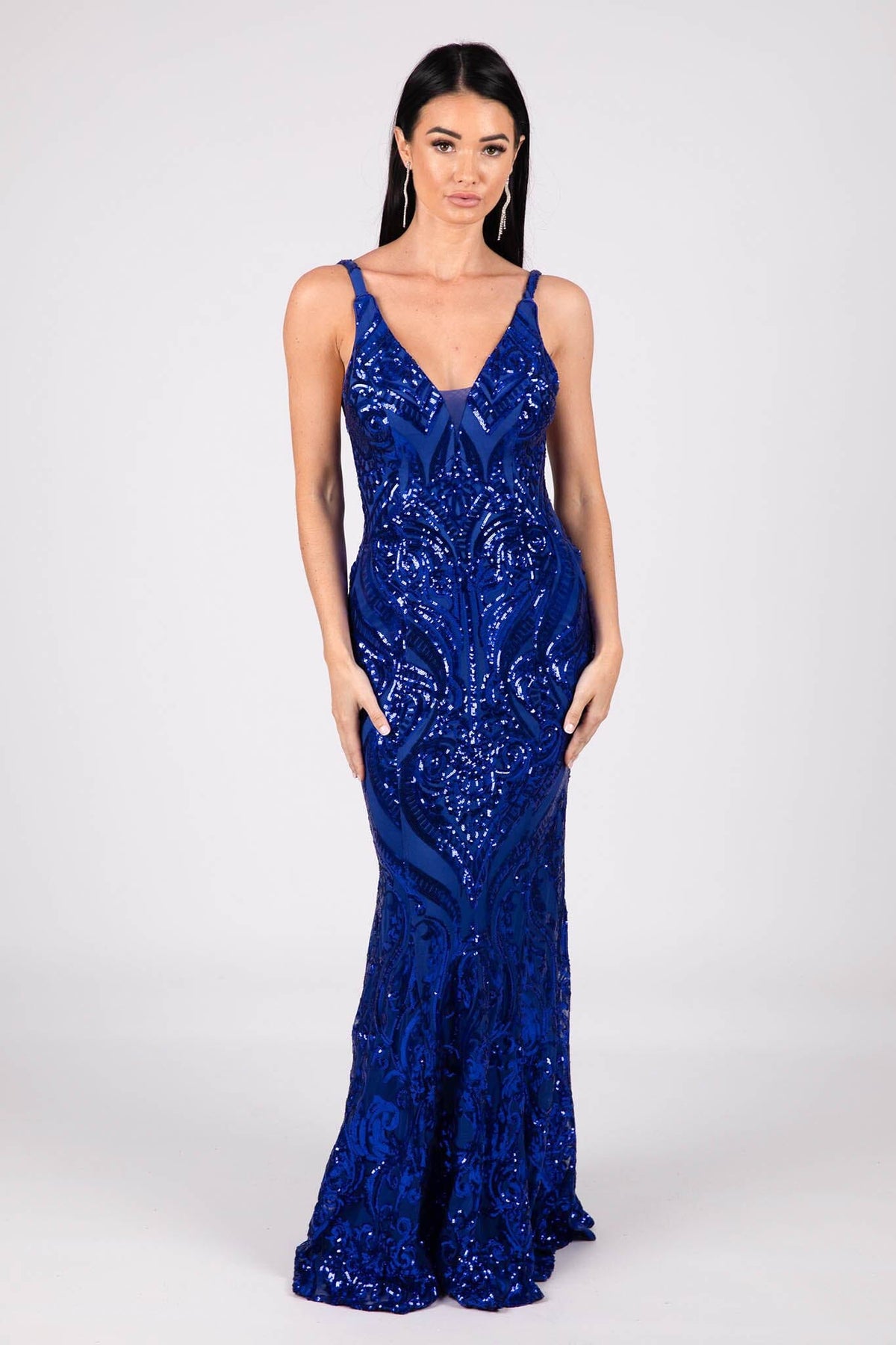 Royal Blue Pattern Sequinned Floor Length Fitted Formal Gown with V Neckline