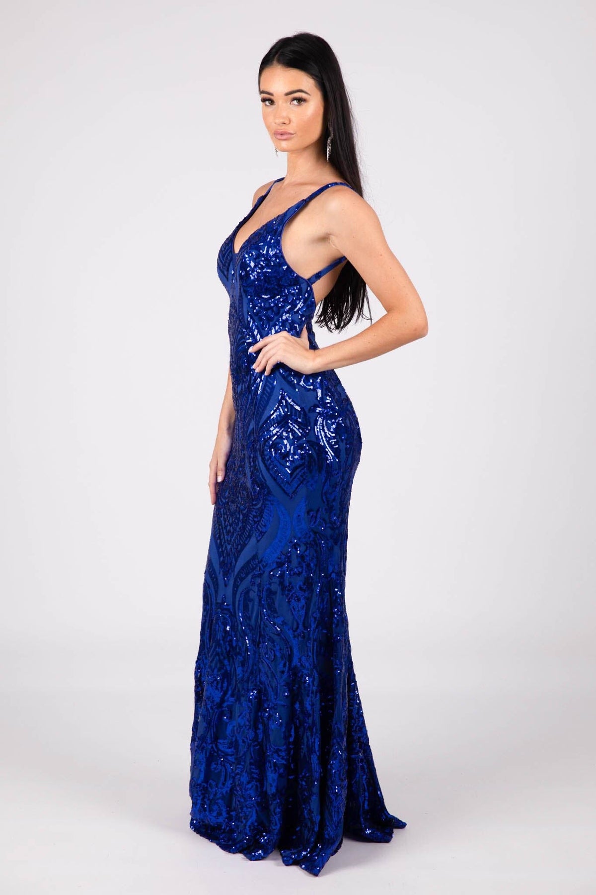 Side Image of Royal Blue Pattern Sequinned Floor Length Fitted Formal Gown with V Neckline and Backless Design