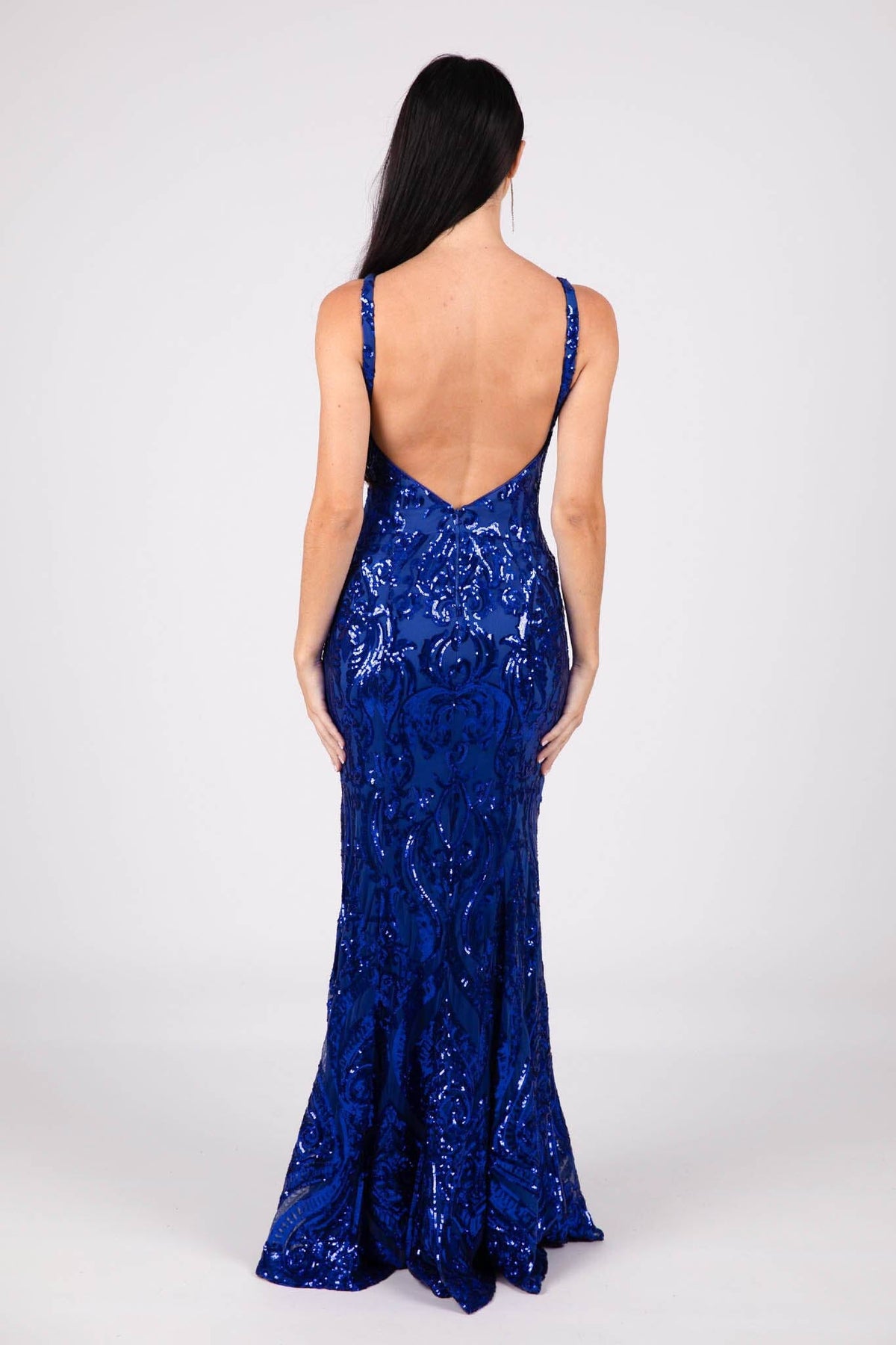 V Backless Design of Royal Blue Pattern Sequinned Floor Length Fitted Formal Gown with V Neckline