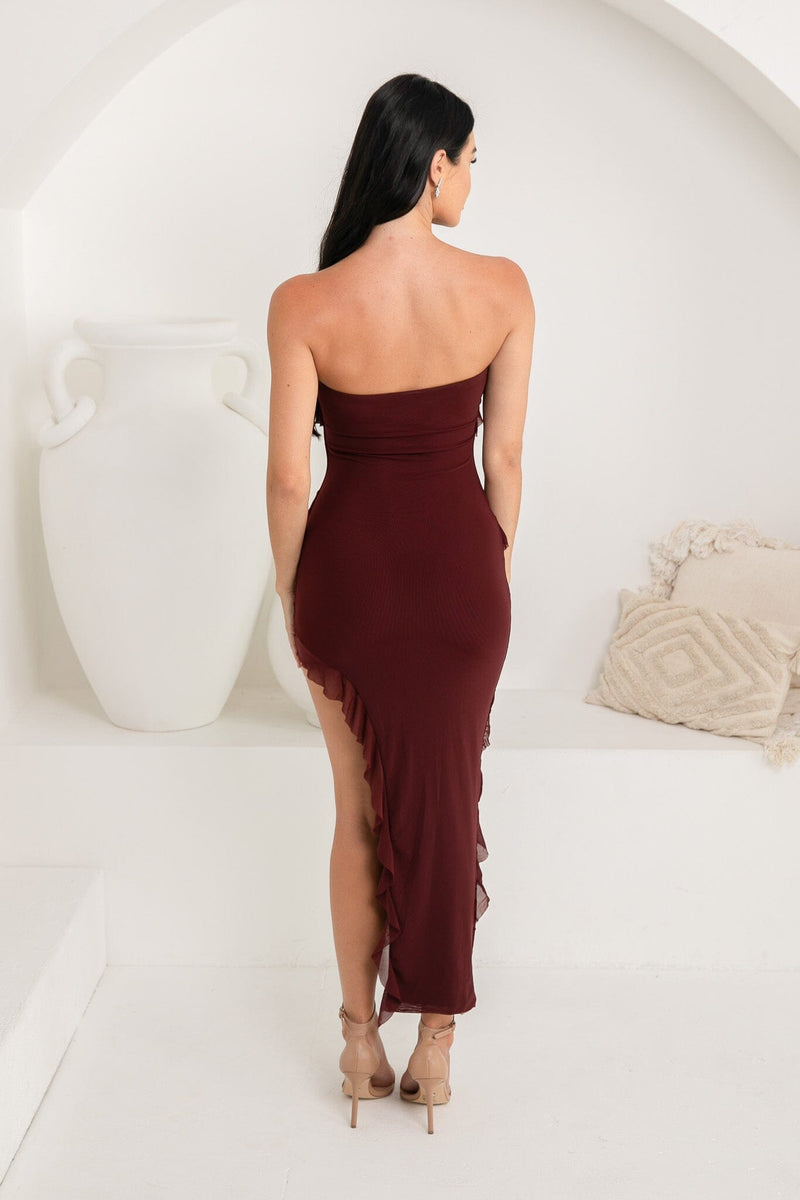 Solita Strapless Frill Detail Maxi Dress - Burgundy (L - last item)