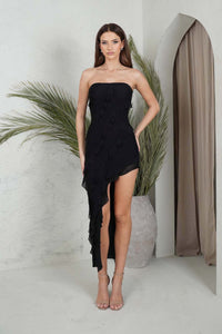 Black Strapless Fitted Chiffon Maxi Dress with High-Low Frill Detail